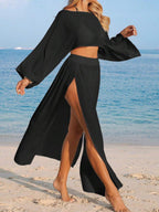 Conjunto de Praia 2 Peças com Cropped de Manga Longa e Saia com Fenda