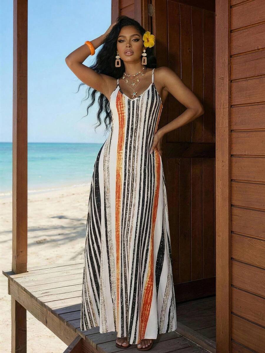 Vestido Maxi Boho de Alças com Costas Abertas e Bolsos