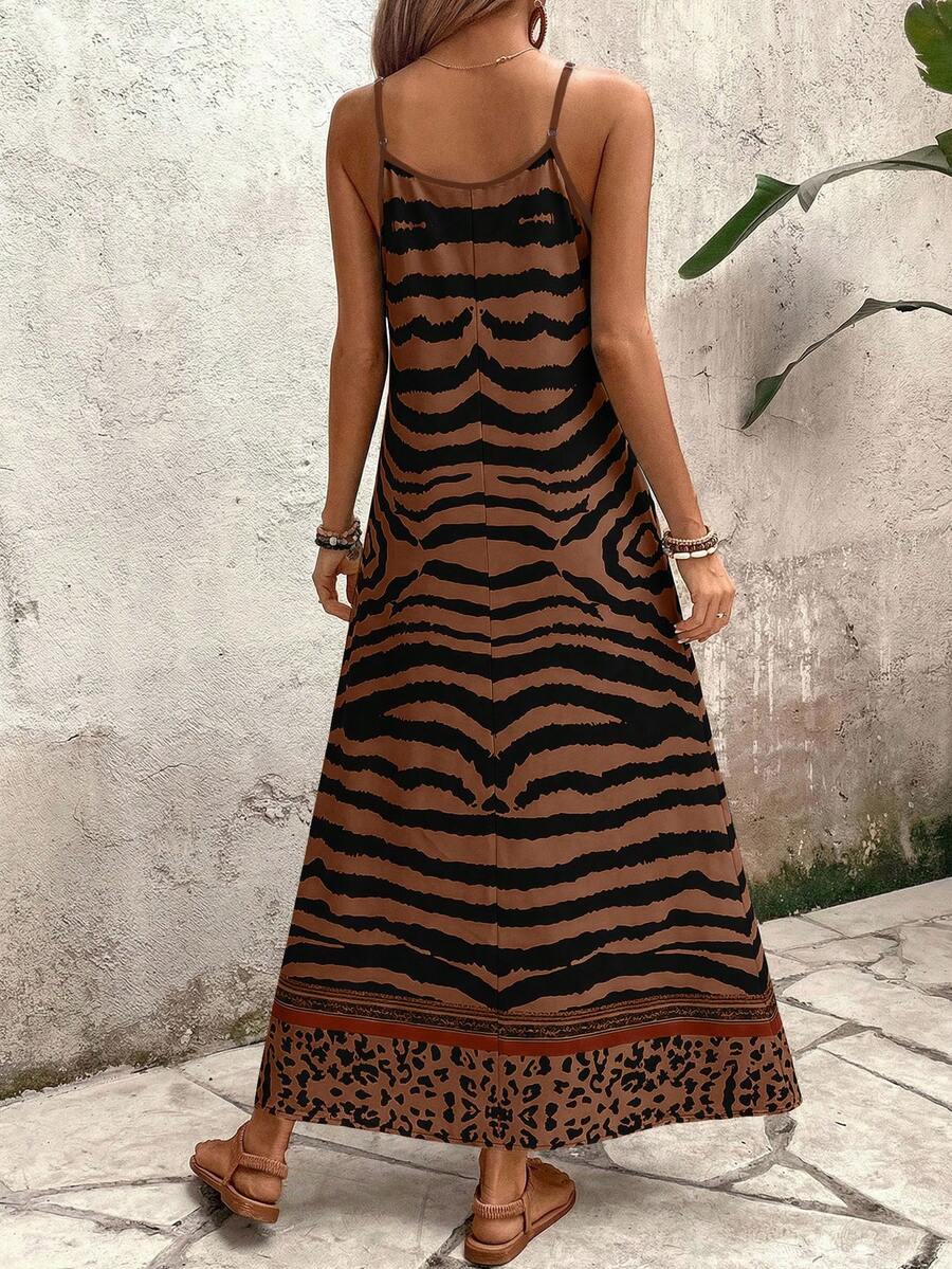 Vestido Longo Estampa de Onça com Alças Finas