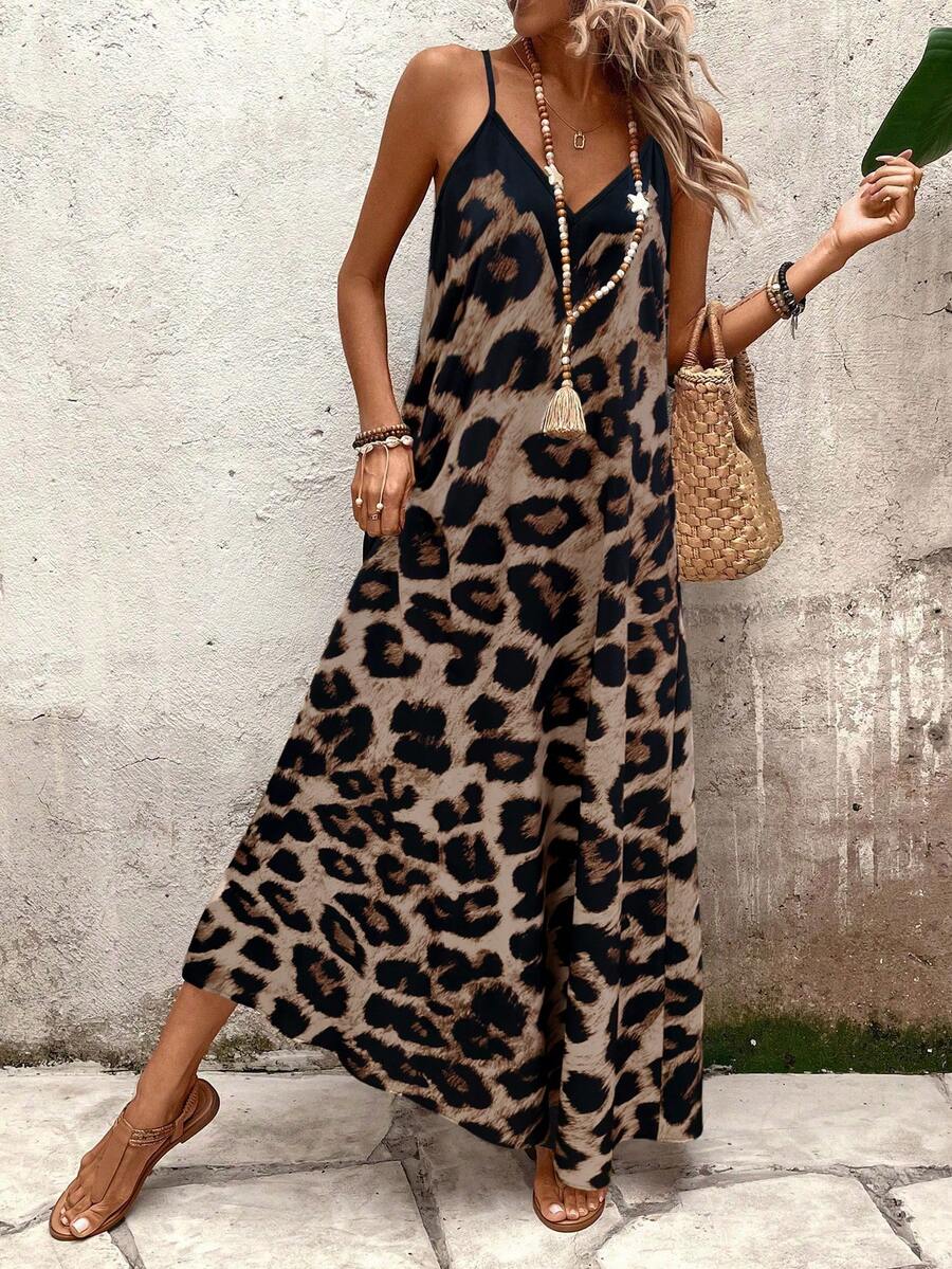 Vestido Longo Estampa de Leopardo com Costas Abertas - La Lecce
