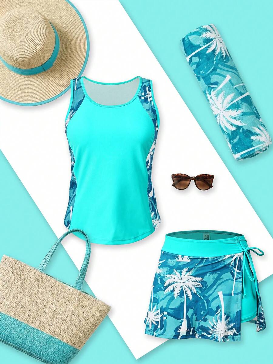 Conjunto de Praia 2 Peças com Regata e Saia Shorts Estampada