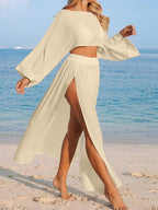 Conjunto de Praia 2 Peças com Cropped de Manga Longa e Saia com Fenda