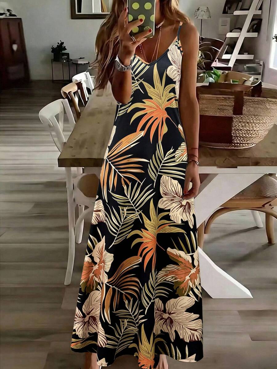 Vestido Midi de Malha com Estampa Tropical e Recorte Vazado - La Lecce