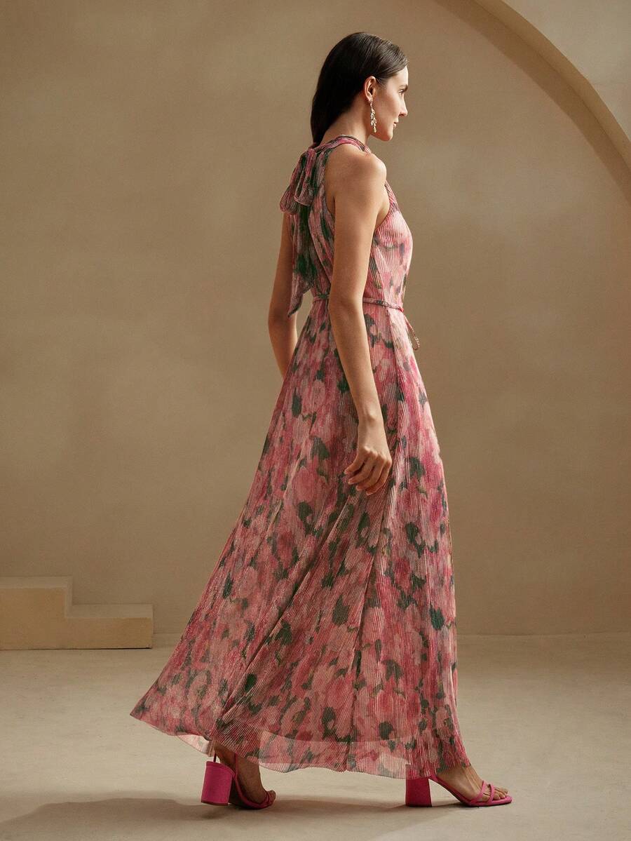 Vestido Longo Floral Frente Única com Cinto - La Lecce