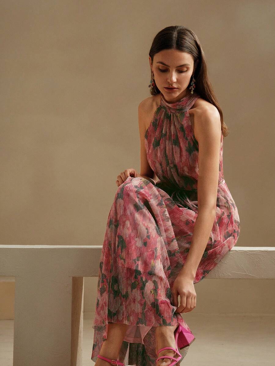 Vestido Longo Floral Frente Única com Cinto - La Lecce