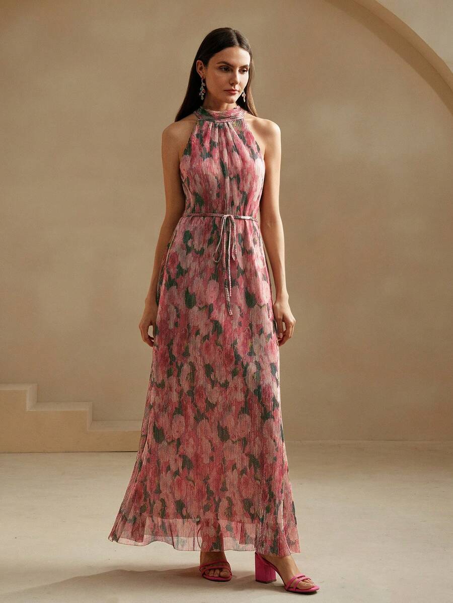 Vestido Longo Floral Frente Única com Cinto - La Lecce