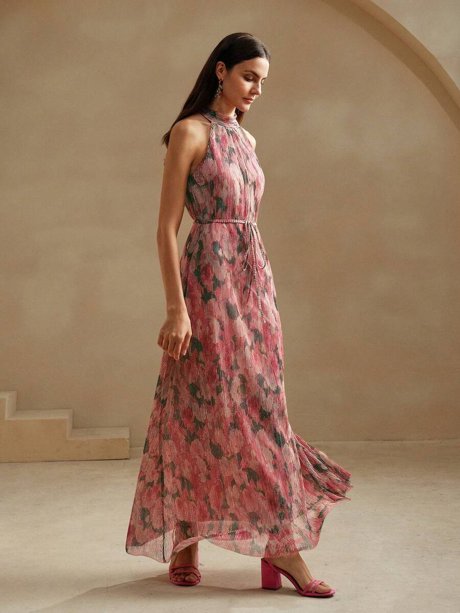 Vestido Longo Floral Frente Única com Cinto - La Lecce