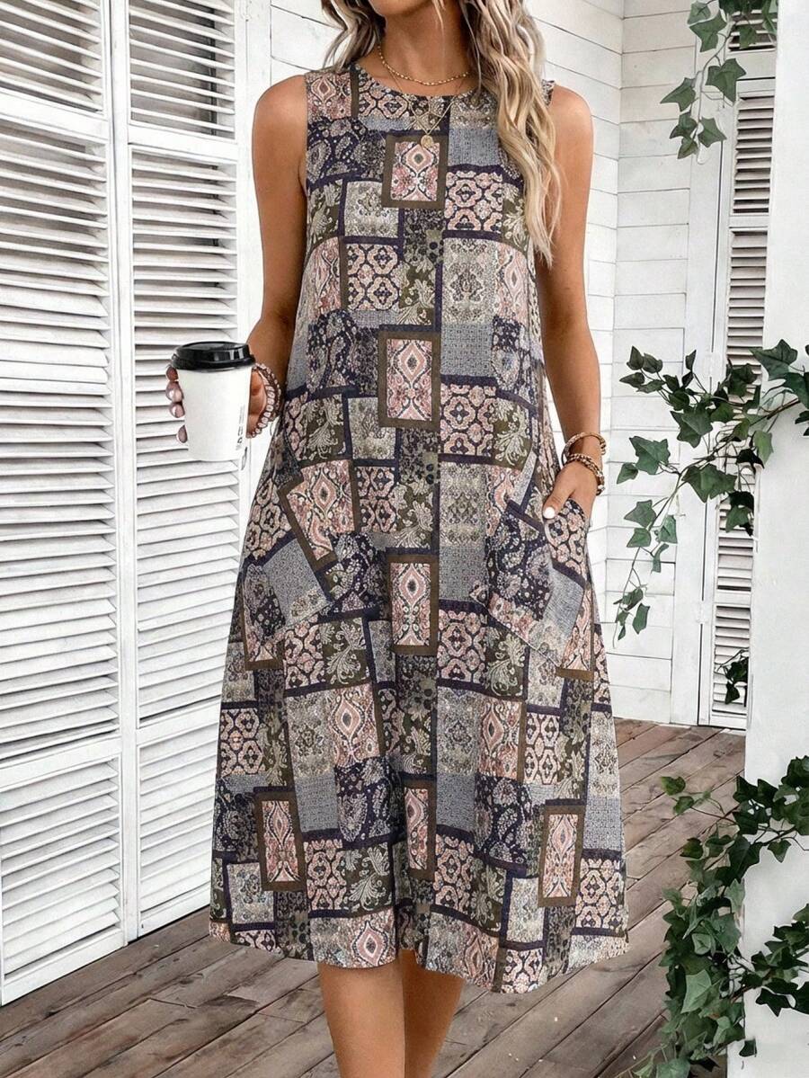 Vestido Midi Sem Mangas com Gola Redonda e Bolsos - La Lecce