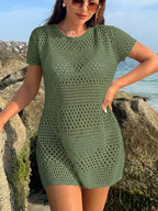 Saída de Praia Tricô Vazada Gola Redonda Manga Curta