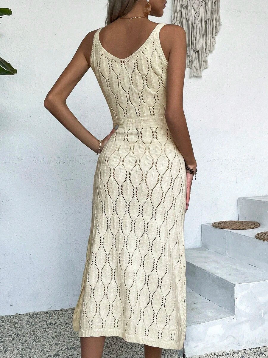 Vestido Longo de Tricô Decote V com Fenda na Barra - La Lecce