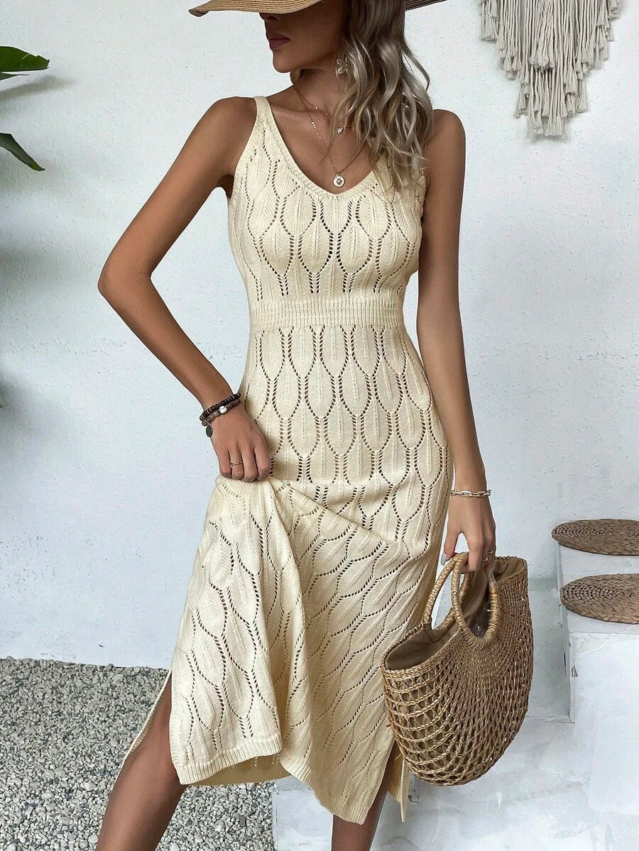 Vestido Longo de Tricô Decote V com Fenda na Barra - La Lecce