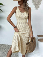 Vestido Longo de Tricô Decote V com Fenda na Barra - La Lecce
