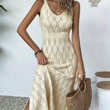 Vestido Longo de Tricô Decote V com Fenda na Barra