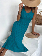 Vestido Longo de Tricô Decote V com Fenda na Barra
