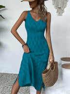 Vestido Longo de Tricô Decote V com Fenda na Barra