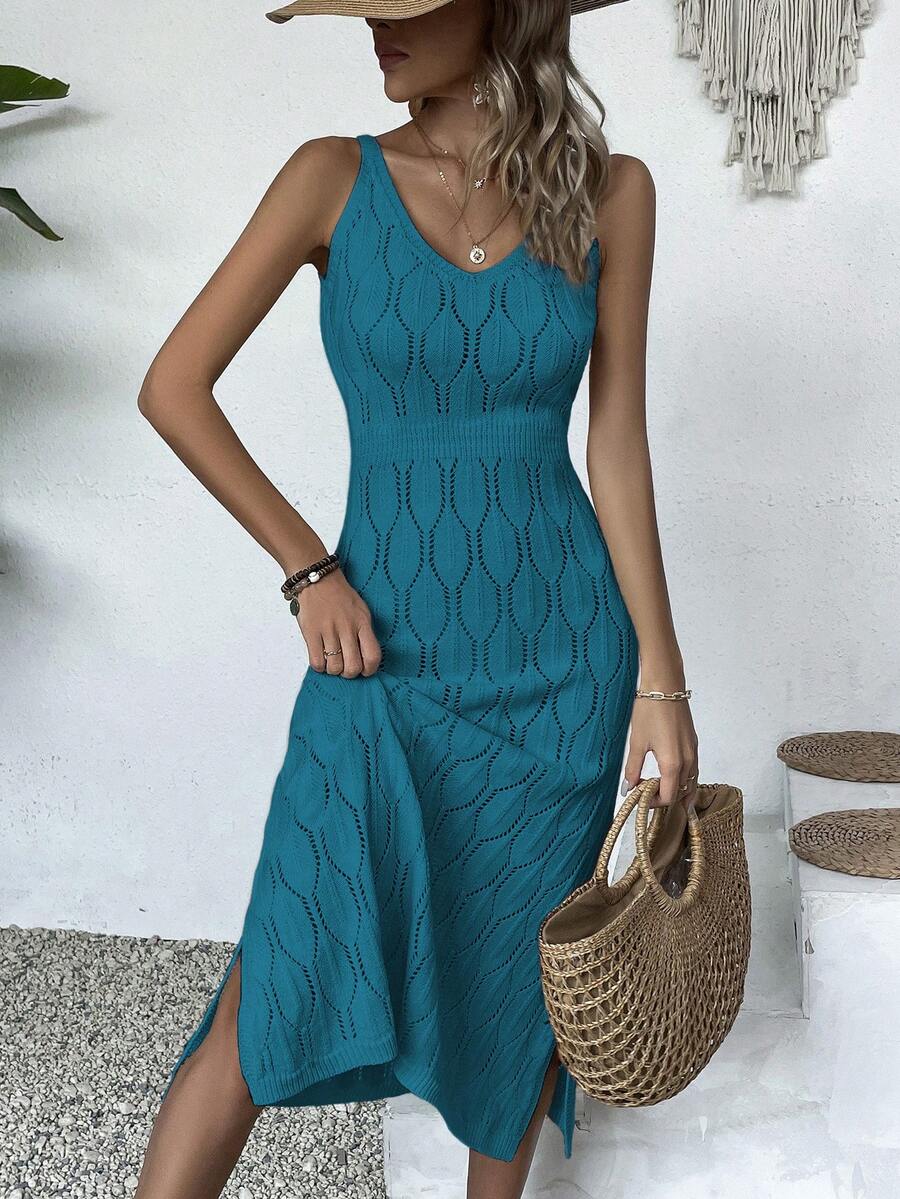 Vestido Longo de Tricô Decote V com Fenda na Barra
