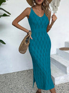 Vestido Longo de Tricô Decote V com Fenda na Barra