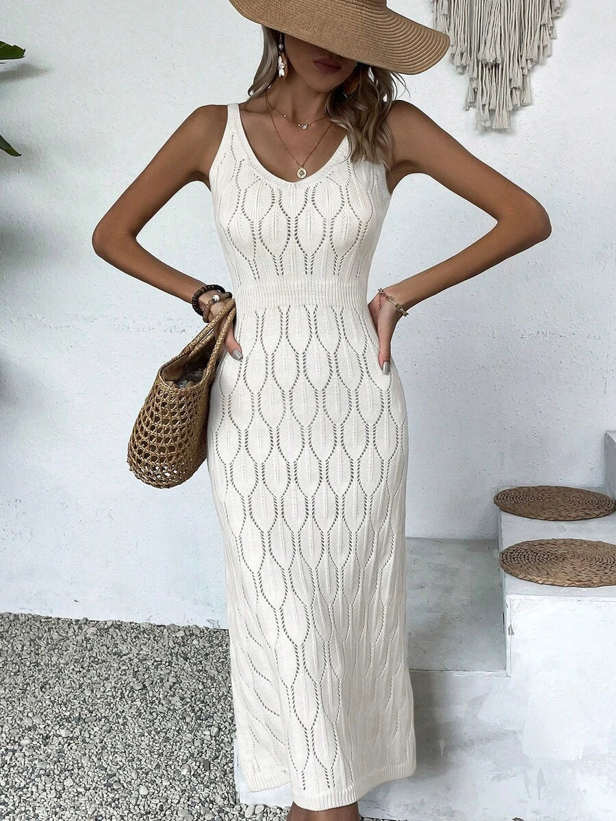 Vestido Longo de Tricô Decote V com Fenda na Barra - La Lecce
