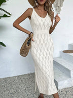Vestido Longo de Tricô Decote V com Fenda na Barra - La Lecce