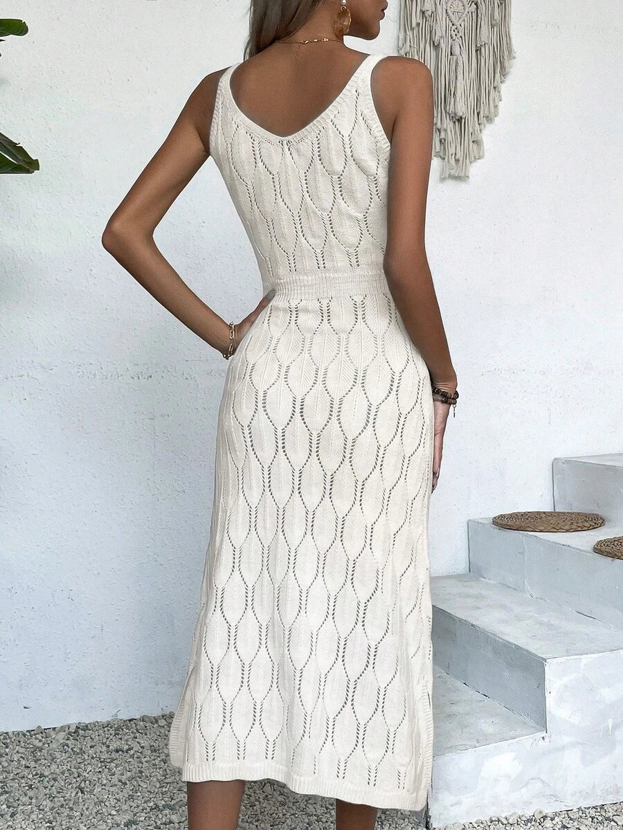 Vestido Longo de Tricô Decote V com Fenda na Barra - La Lecce
