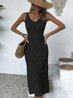 Vestido Longo de Tricô Decote V com Fenda na Barra - La Lecce