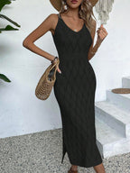 Vestido Longo de Tricô Decote V com Fenda na Barra - La Lecce