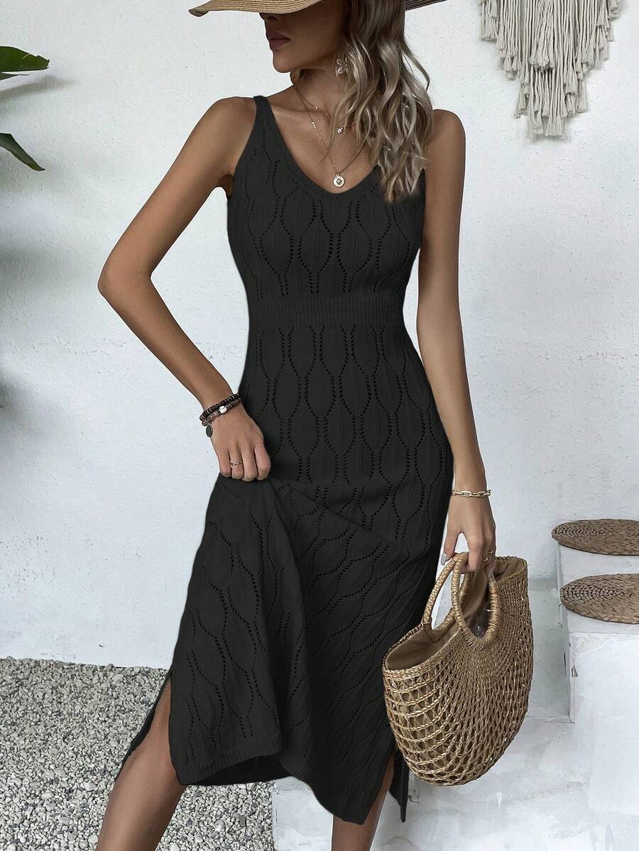Vestido Longo de Tricô Decote V com Fenda na Barra - La Lecce