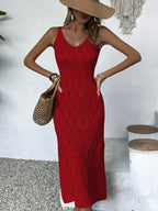 Vestido Longo de Tricô Decote V com Fenda na Barra - La Lecce