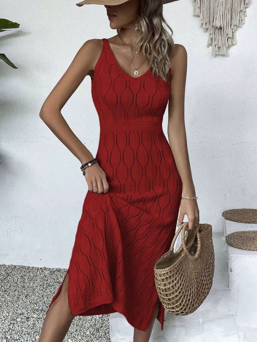 Vestido Longo de Tricô Decote V com Fenda na Barra - La Lecce