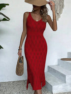 Vestido Longo de Tricô Decote V com Fenda na Barra - La Lecce