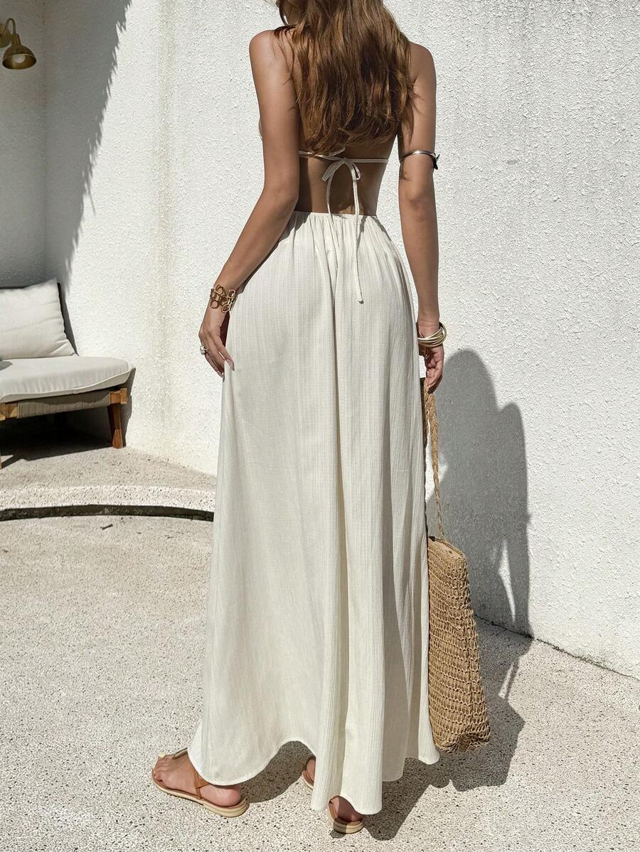 Vestido Saída de Praia Longo Frente Única com Nó e Bainha Plissada - La Lecce
