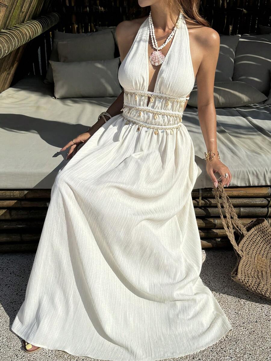 Vestido Saída de Praia Longo Frente Única com Nó e Bainha Plissada - La Lecce