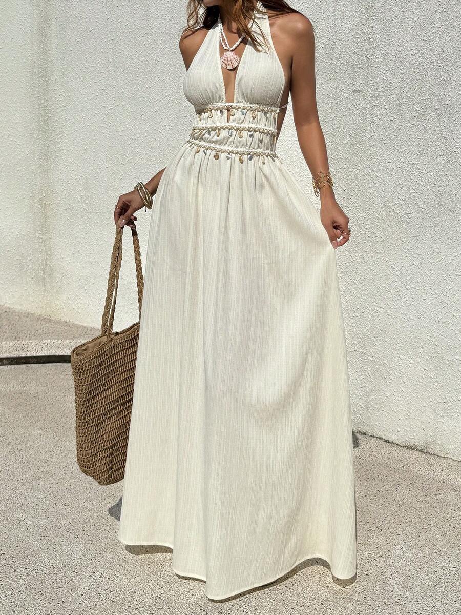 Vestido Saída de Praia Longo Frente Única com Nó e Bainha Plissada - La Lecce