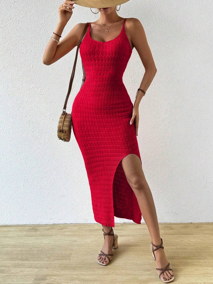 Vestido Longo Canelado com Alças Finas e Fenda Lateral - La Lecce