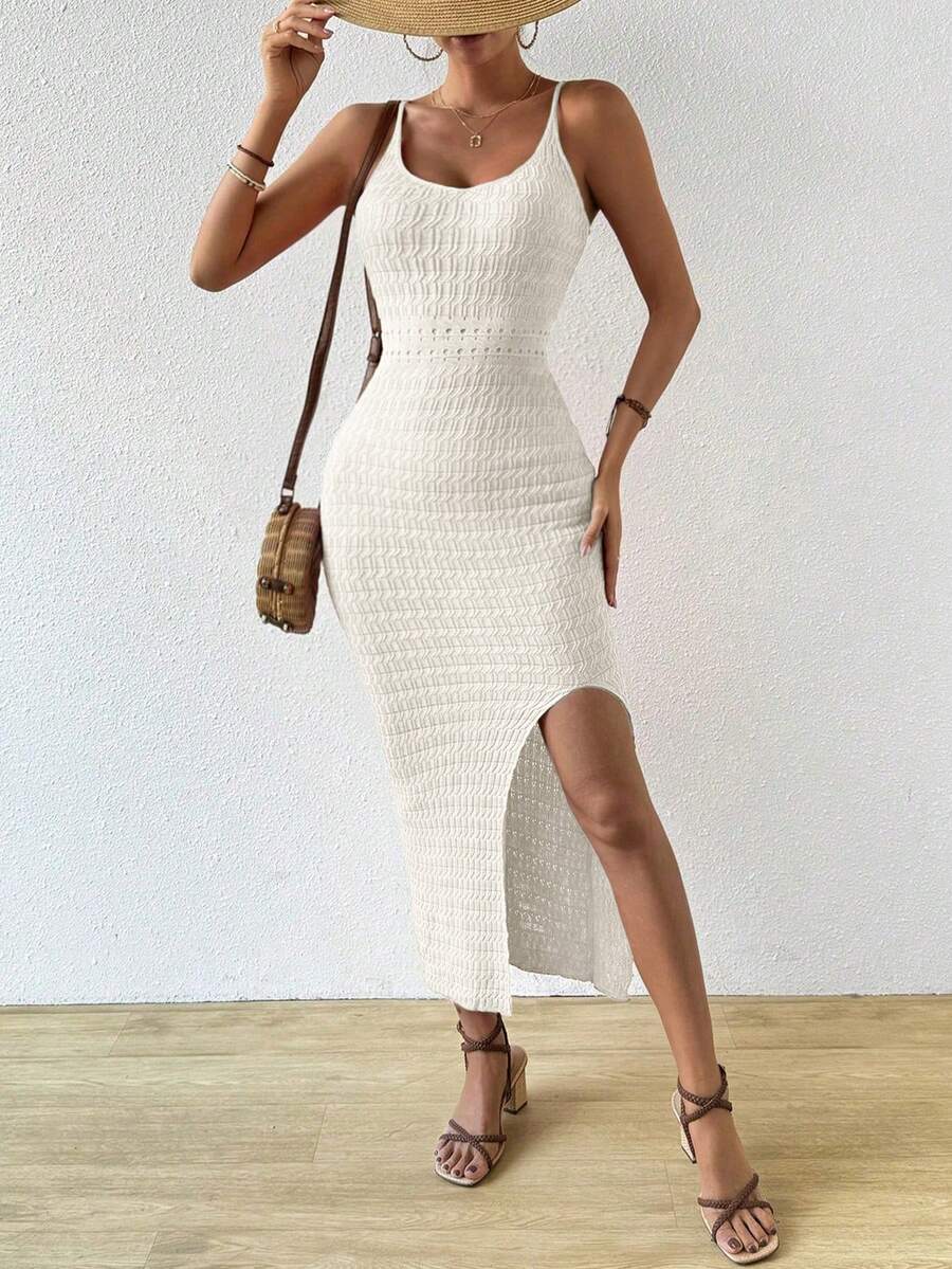 Vestido Longo Canelado com Alças Finas e Fenda Lateral - La Lecce