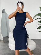 Vestido Midi Justo com Cordão e Fenda Lateral - La Lecce