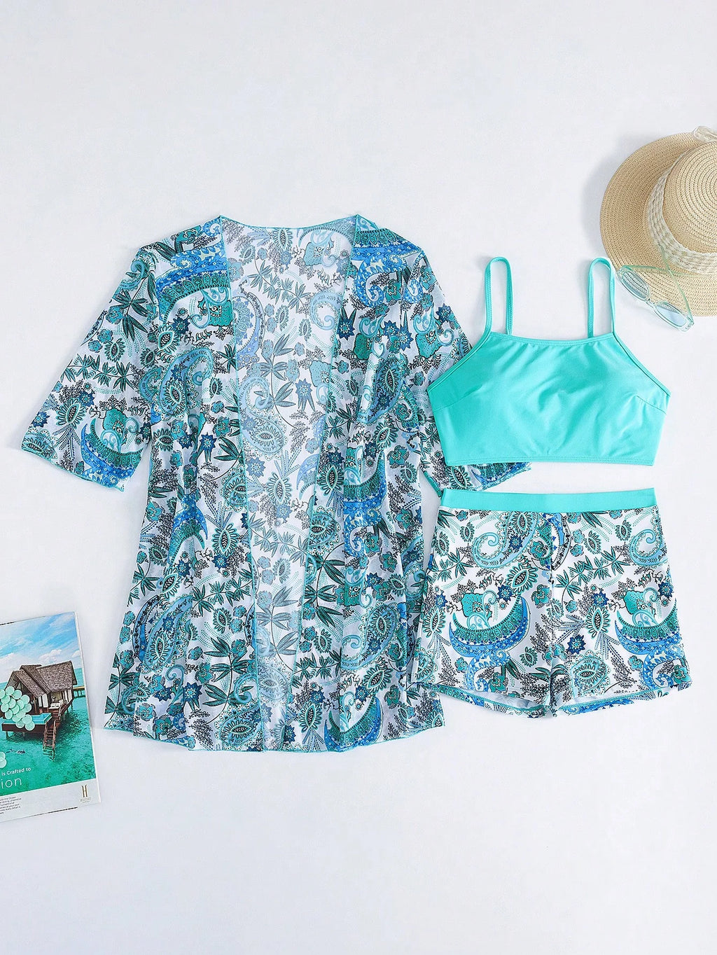 Conjunto de Biquíni 3 Peças Estampa Tropical