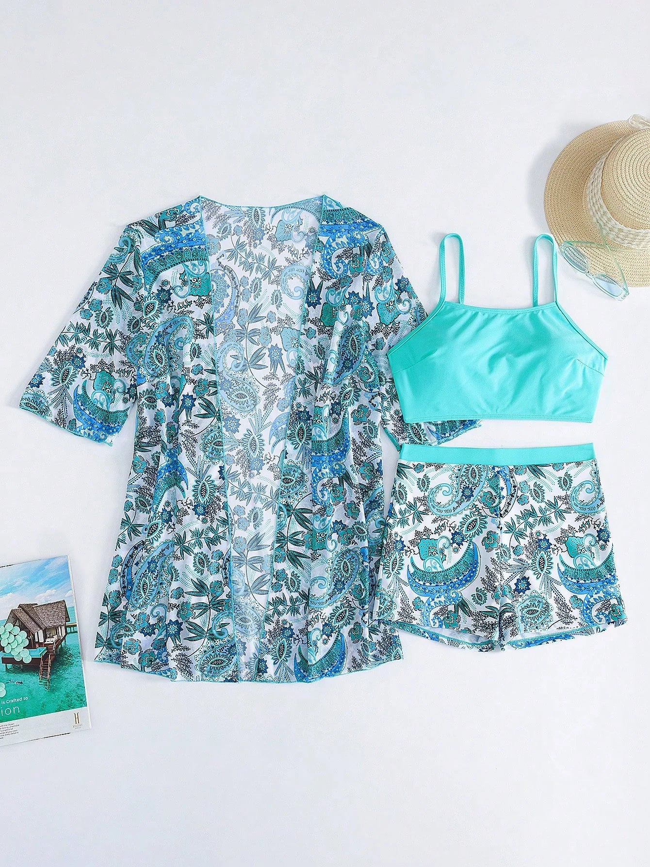 Conjunto de Biquíni 3 Peças Estampa Tropical