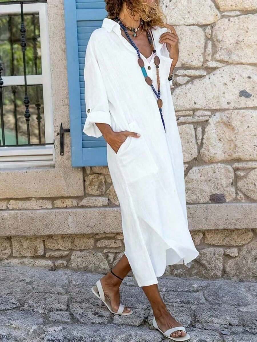 Saída de Praia Camisa Longa com Bolsos e Botões