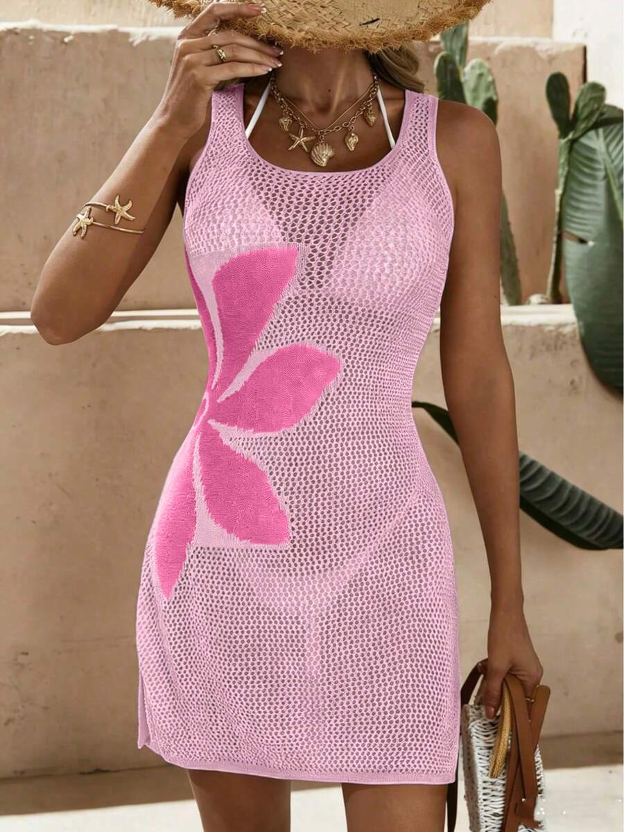 Vestido Saída de Praia em Crochê Floral Vazado com Fenda - La Lecce