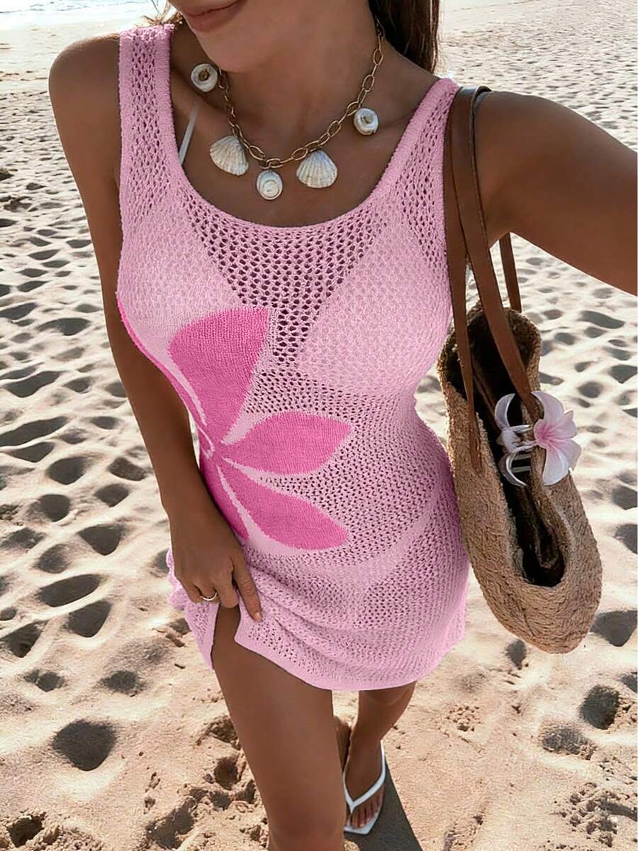 Vestido Saída de Praia em Crochê Floral Vazado com Fenda - La Lecce