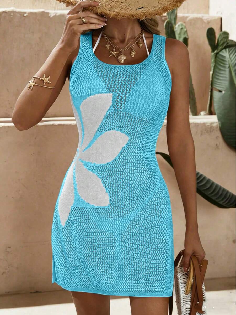 Vestido Saída de Praia em Crochê Floral Vazado com Fenda - La Lecce