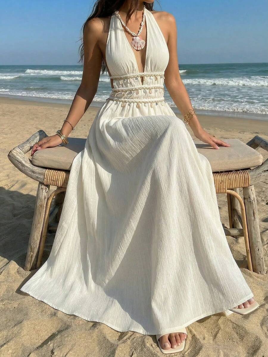 Vestido Saída de Praia Longo Frente Única com Nó e Bainha Plissada - La Lecce