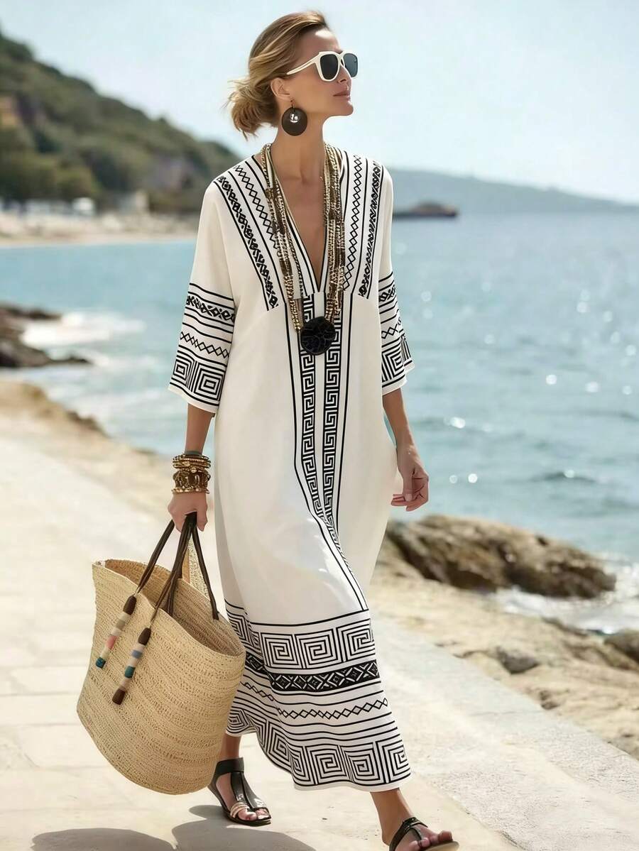 Vestido Saída de Praia Longo Kaftan com Estampa Geométrica - La Lecce