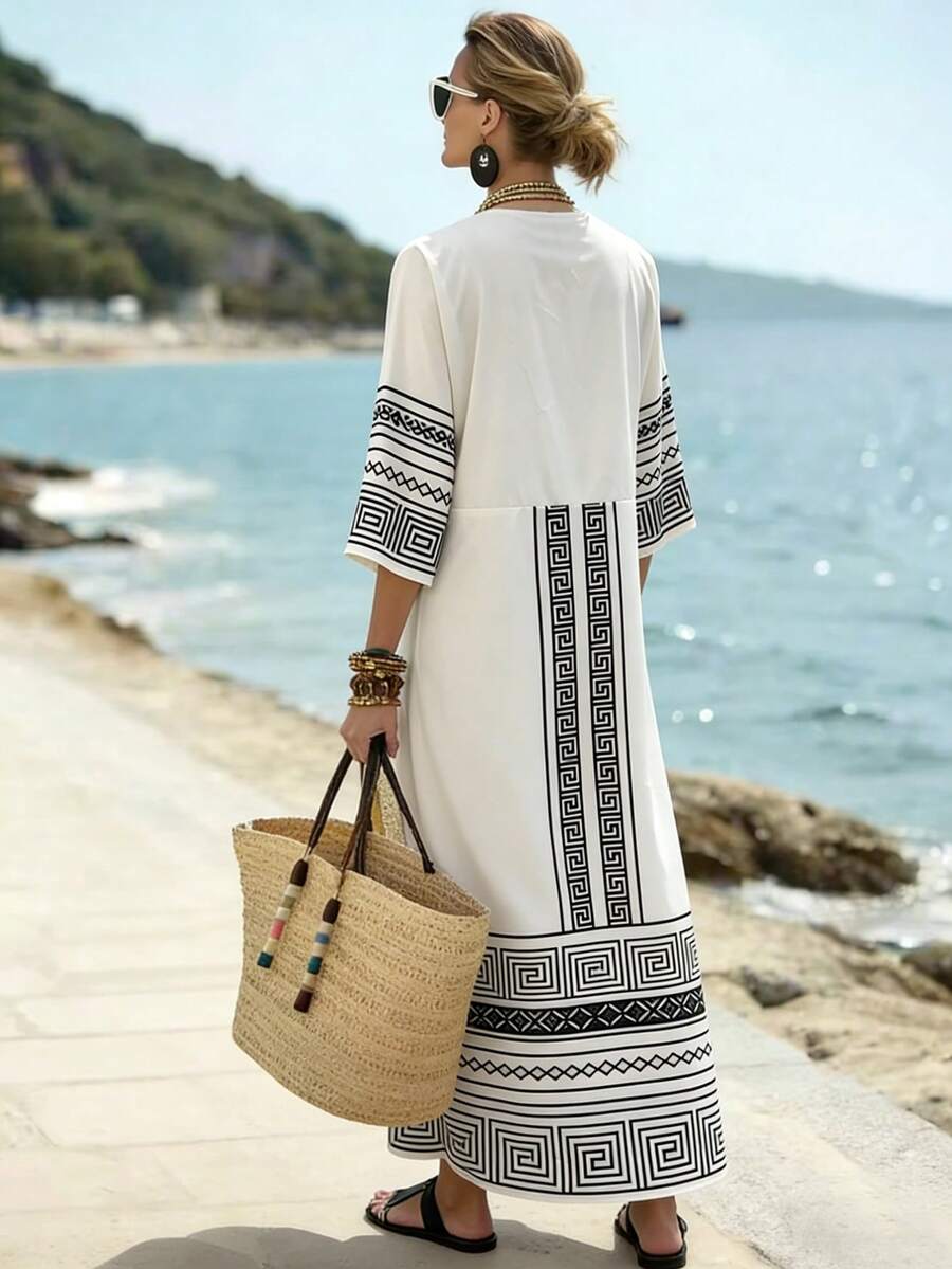 Vestido Saída de Praia Longo Kaftan com Estampa Geométrica - La Lecce