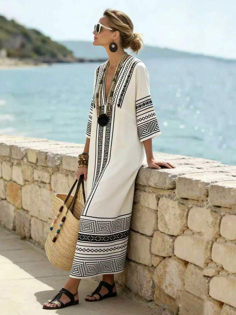 Vestido Saída de Praia Longo Kaftan com Estampa Geométrica - La Lecce