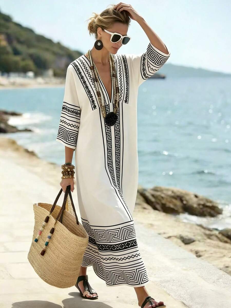 Vestido Saída de Praia Longo Kaftan com Estampa Geométrica - La Lecce