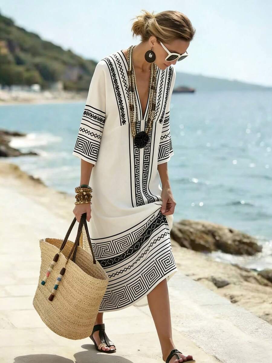 Vestido Saída de Praia Longo Kaftan com Estampa Geométrica - La Lecce