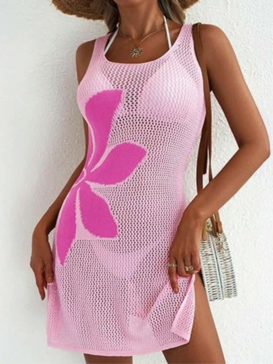 Vestido Saída de Praia em Crochê Floral Vazado com Fenda - La Lecce
