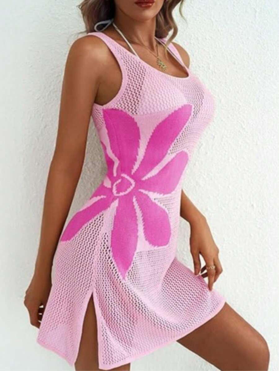 Vestido Saída de Praia em Crochê Floral Vazado com Fenda - La Lecce